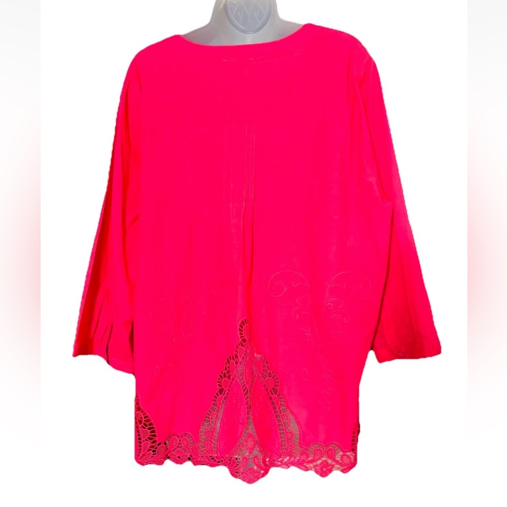 Saint Tropez West Cotton Tunic Top Size 1X Hot Pink Cut Out Lace Feminine - Picture 3 of 11